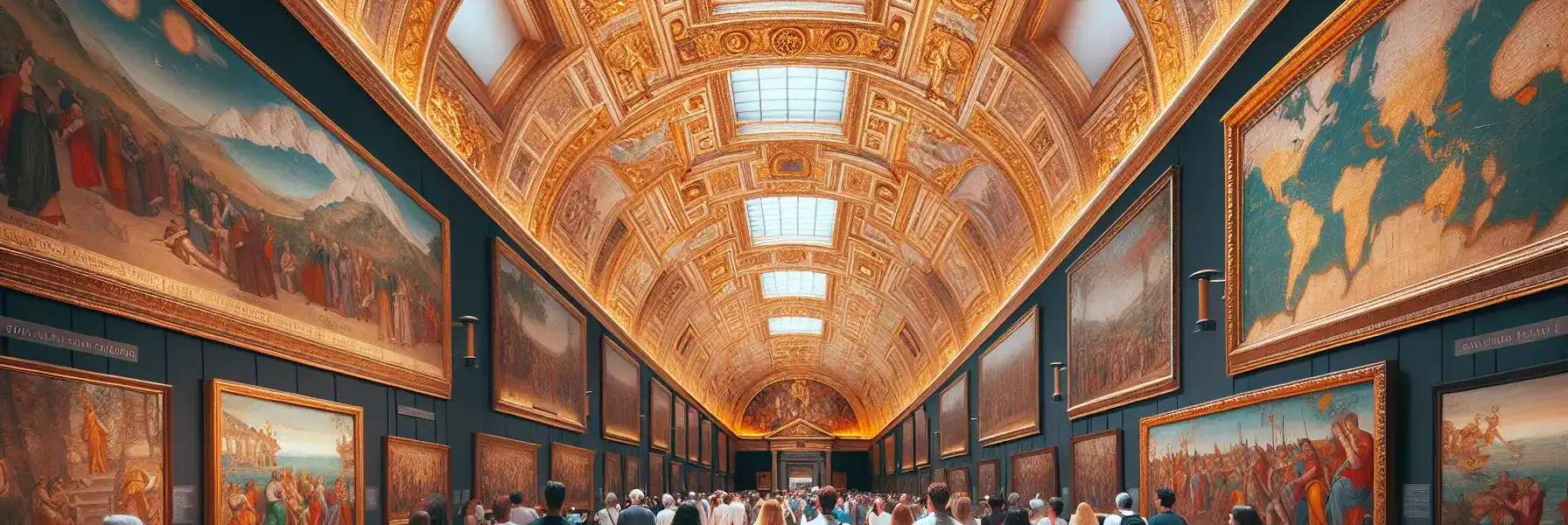 Ornate gallery corridor in Vatican Museums with gilded ceiling frescoes and painted maps along walls