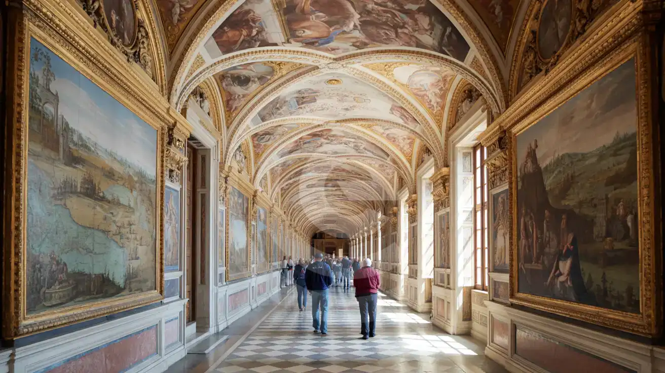Ornate gallery corridor with gilded ceiling frescoes and painted maps along walls in Vatican Museums