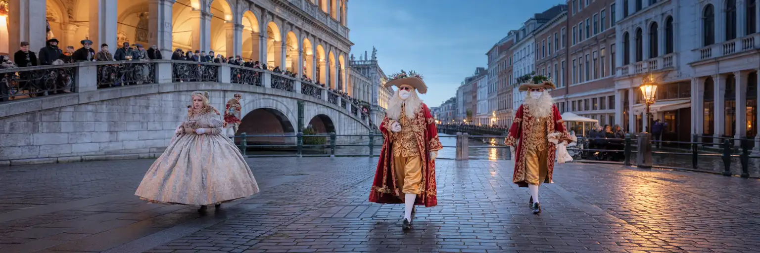 Participants masqués au Carnaval de Venise dans une place vénitienne historique au crépuscule