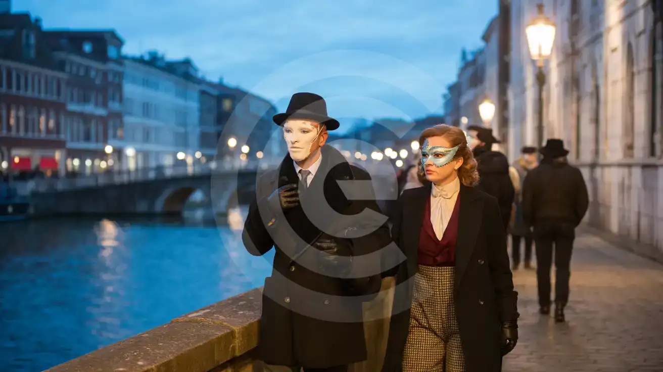 Visiteurs masqués se promenant à Venise pendant le Carnaval, la nuit