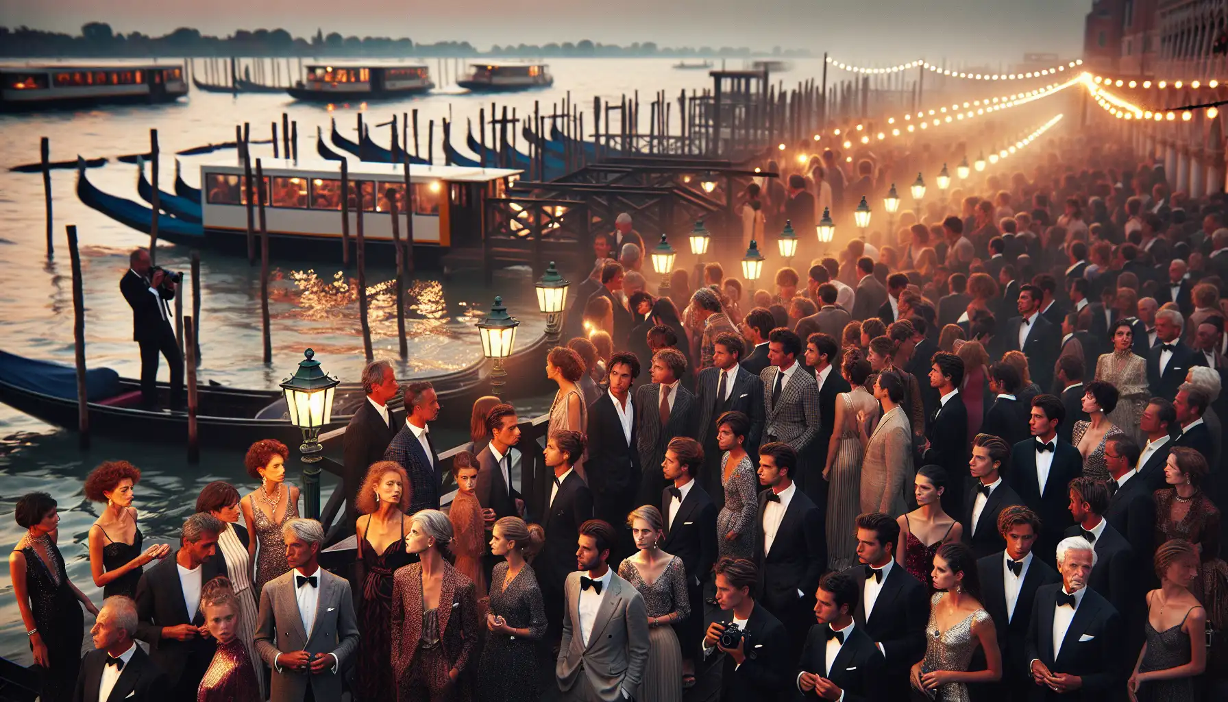 Evening festival atmosphere on Venice Lido with elegant crowds and waterfront transport