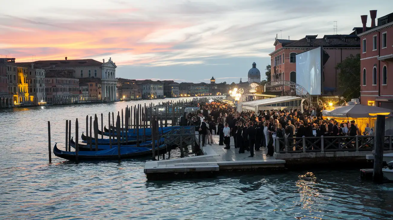 Evening crowd near the Venice Lido festival area with waterfront lights