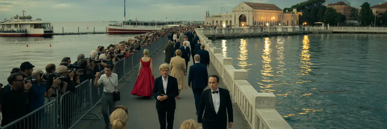 Abendliche Festivalatmosphäre auf dem Lido von Venedig mit beleuchtetem Kino am Wasser und festlich gekleideten Gästen