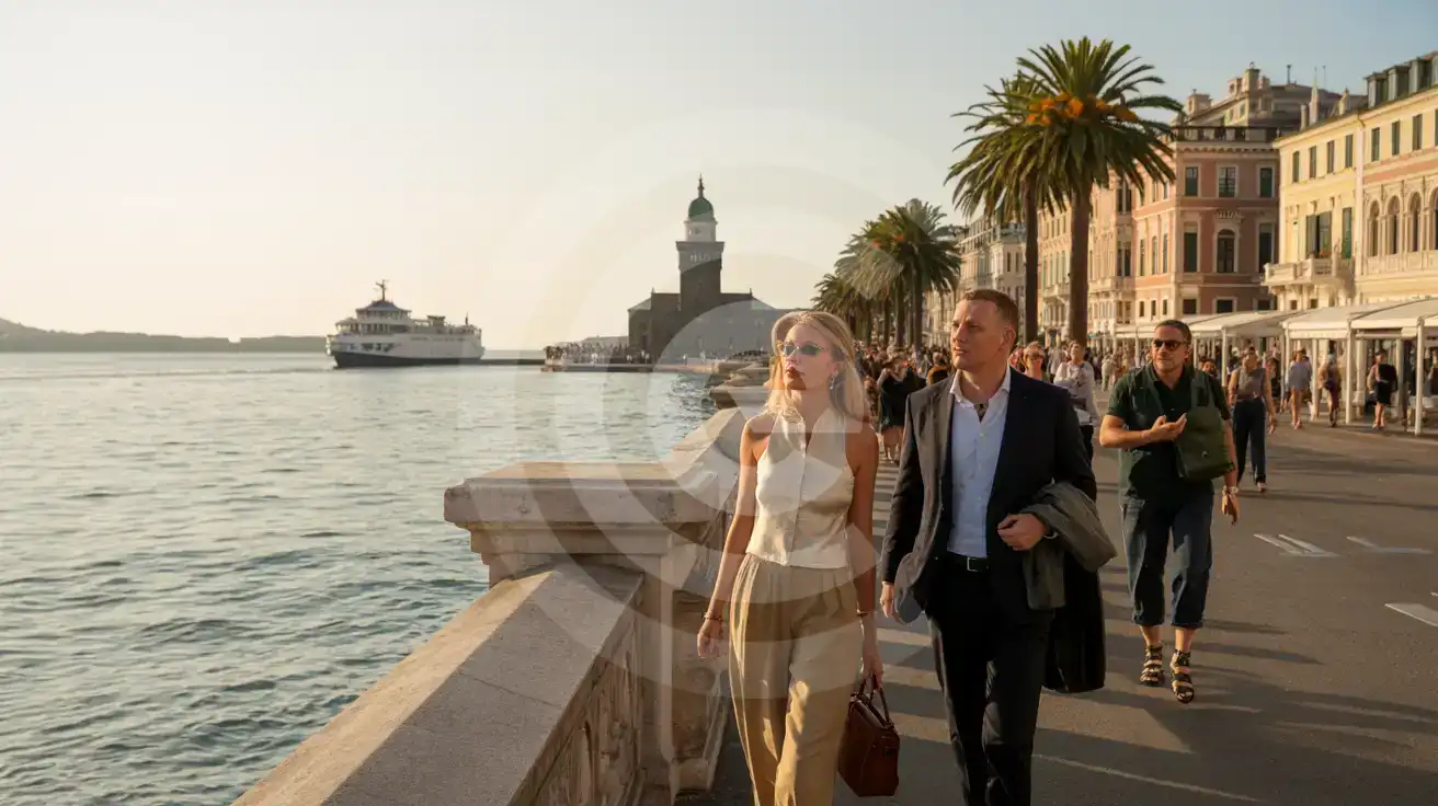 Ambiente vespertino del festival cerca del área principal de cines en el Lido de Venecia