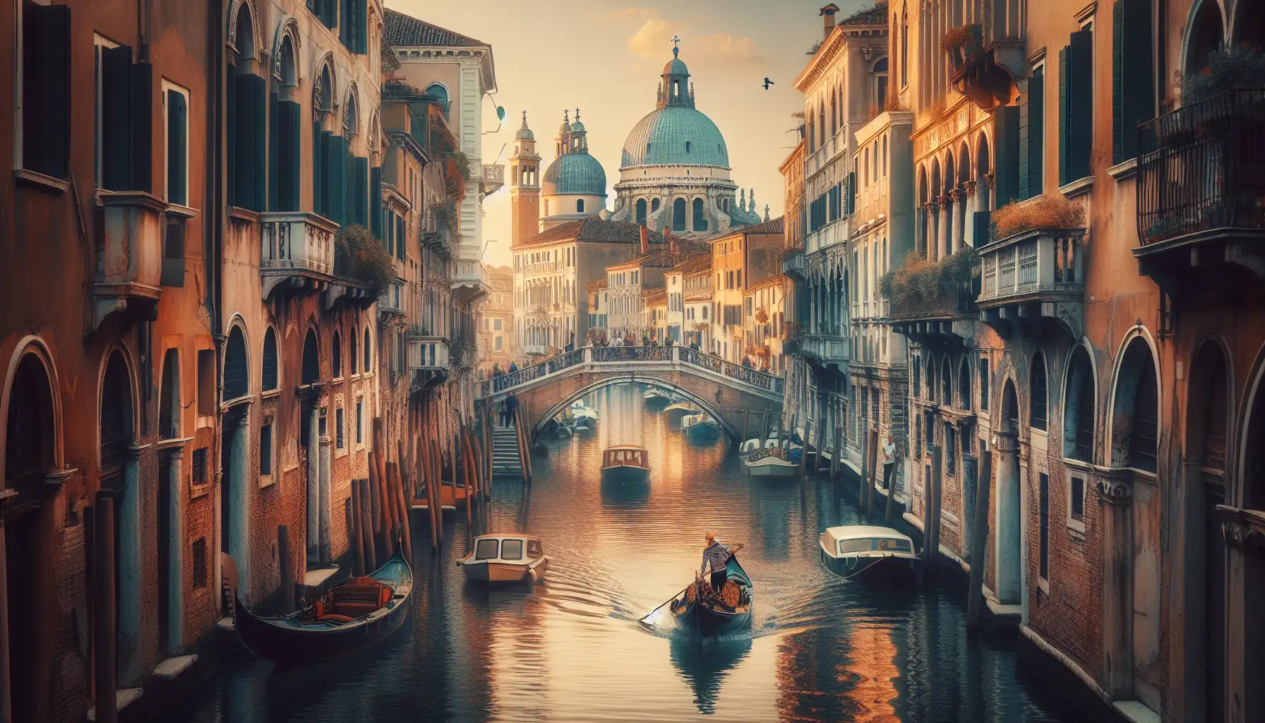 Vista de los canales de Venecia, puentes y edificios históricos al atardecer