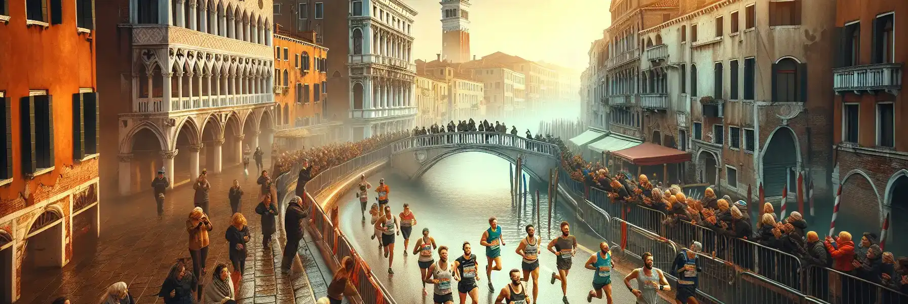 Runners and supporters during Venice Marathon weekend near canals and bridges in Venice