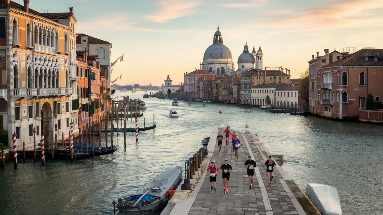 Marathon atmosphere in Venice with runners, canals, and supporters
