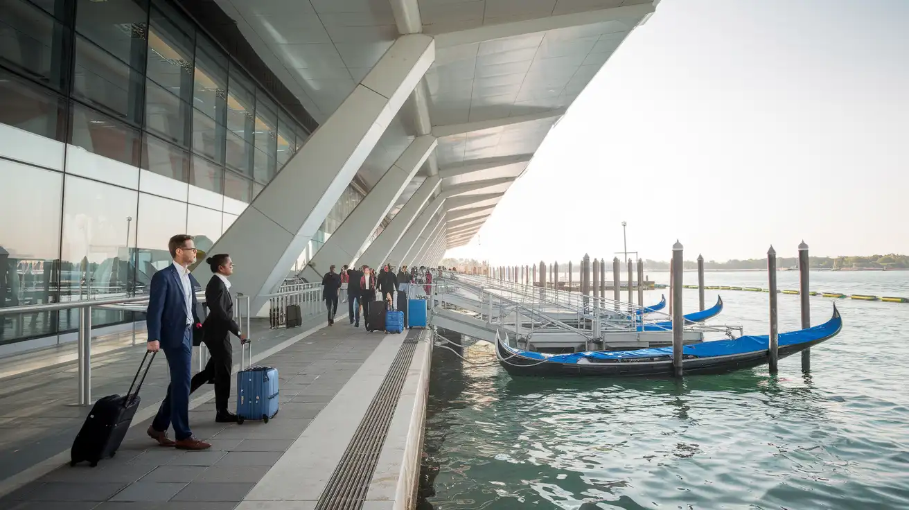Viajeros saliendo del Aeropuerto Marco Polo de Venecia hacia el transporte a la laguna mientras consultan direcciones en sus teléfonos