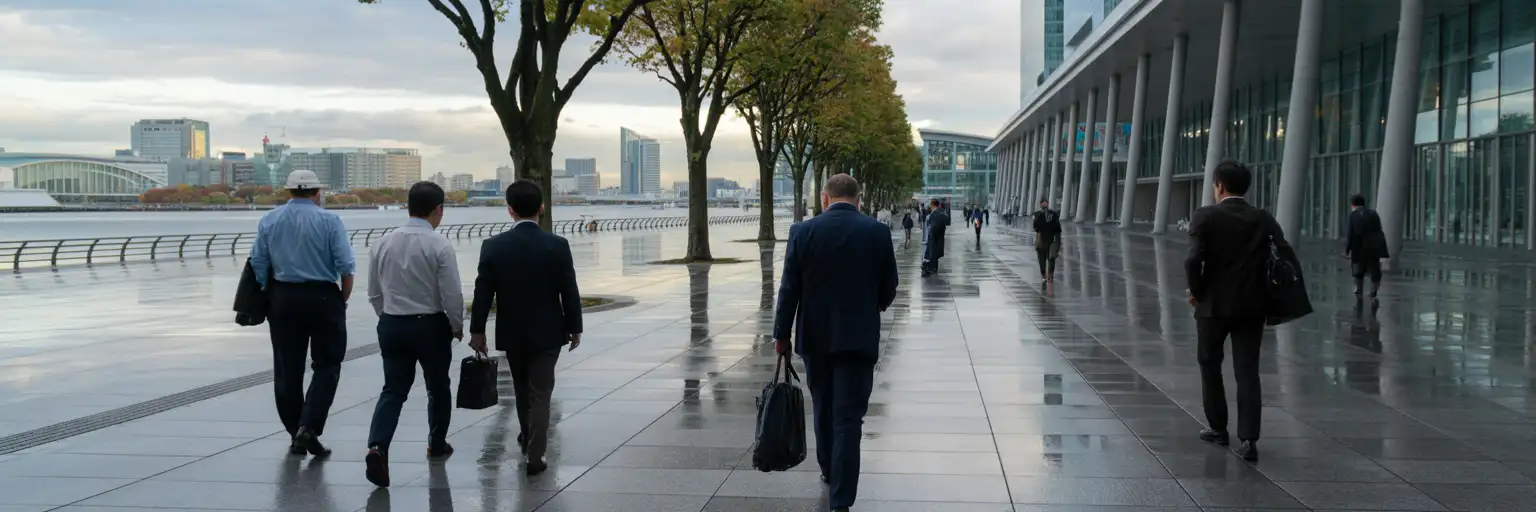 Geschäftsreisende kommen zu einem modernen Kongresszentrum am Wasser in Yokohama während einer Biotech-Messe
