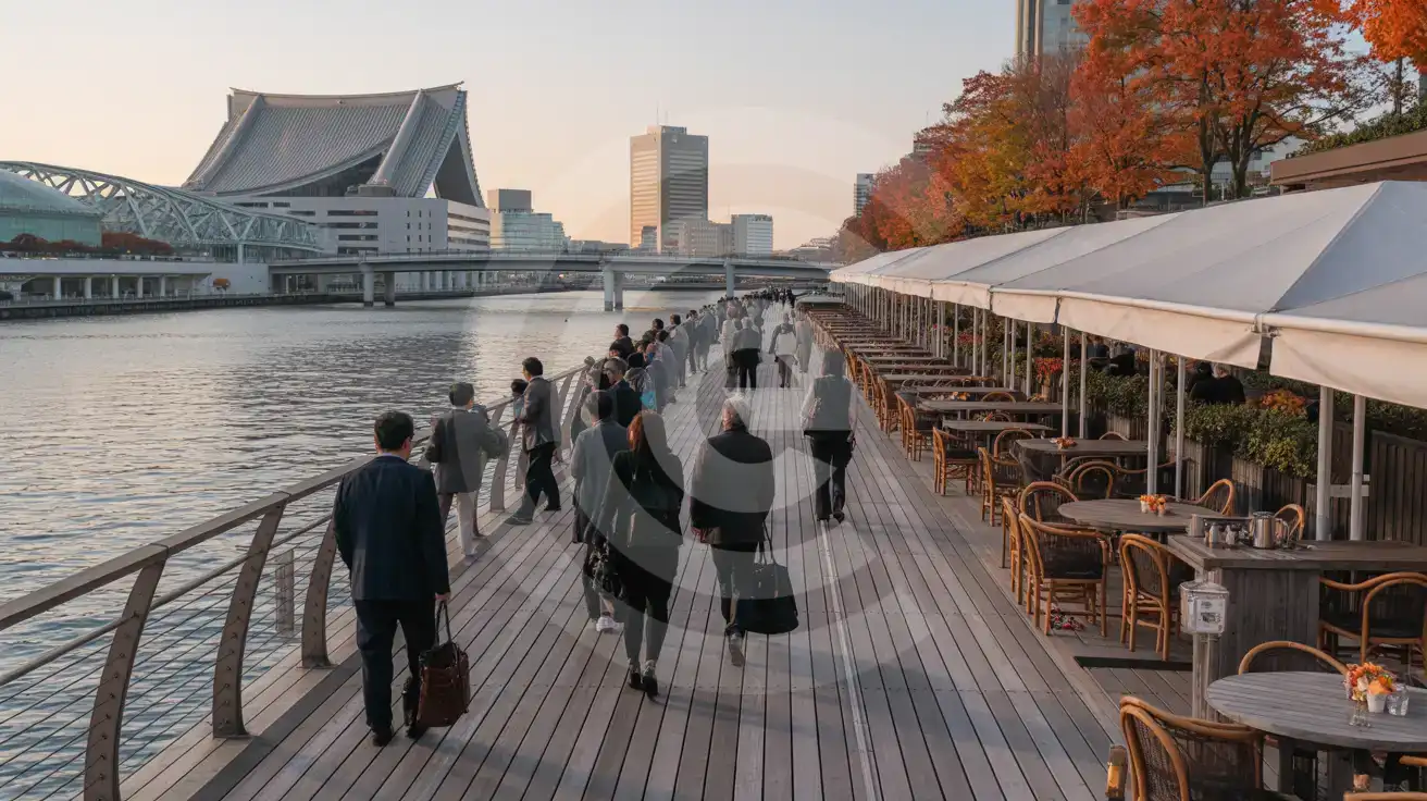 Evening view of Yokohama's bayfront convention district near the likely BioJapan venue