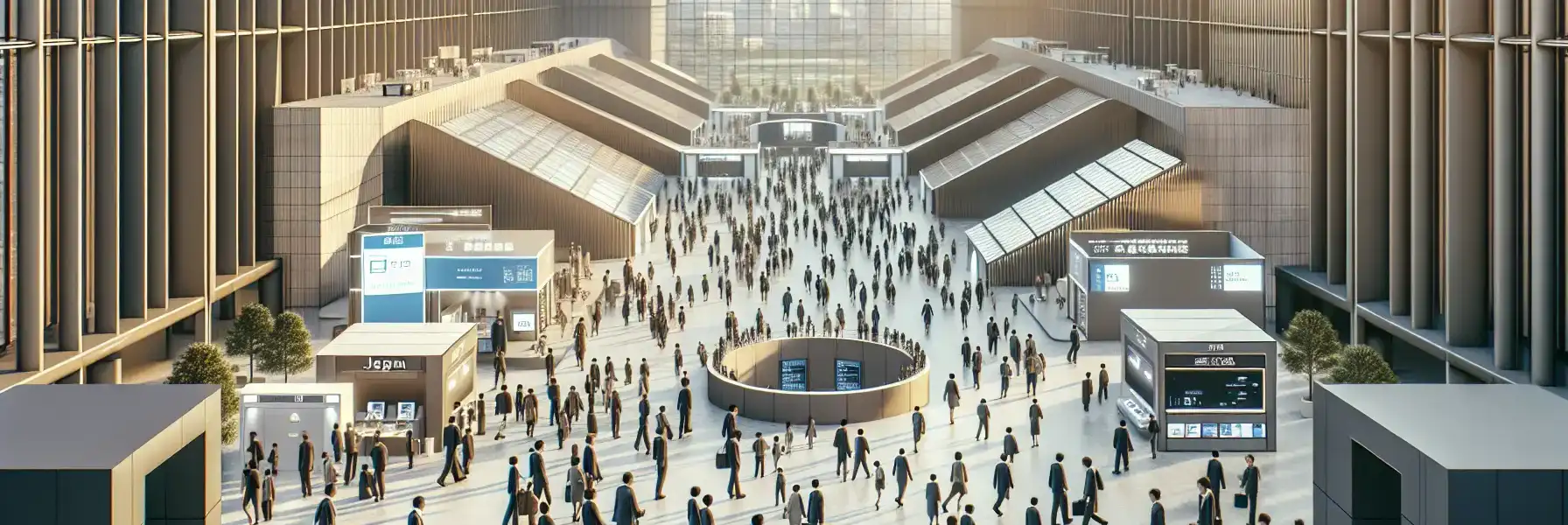 Business travelers arriving at a large technology trade fair venue in Makuhari with smartphones ready for entry and navigation