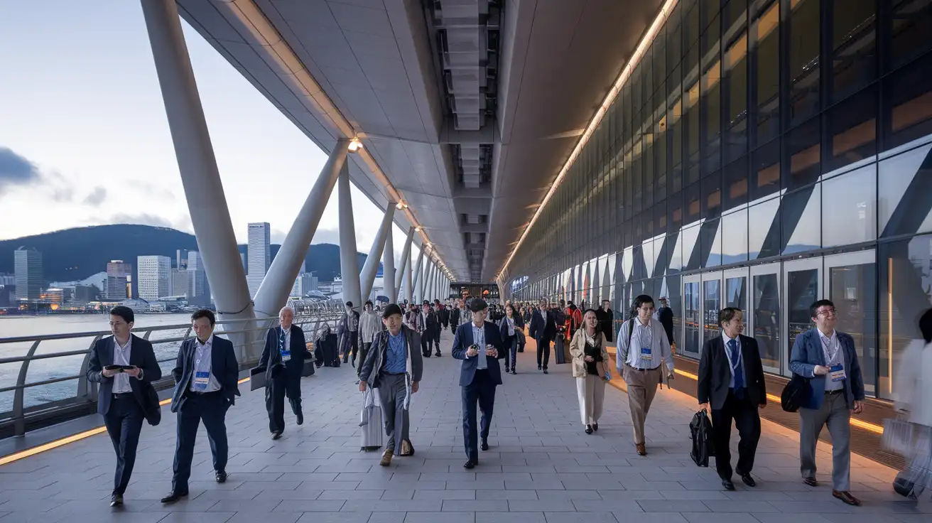 Pedestrian route between Kaihin-Makuhari area and a major exhibition venue during a busy trade fair day