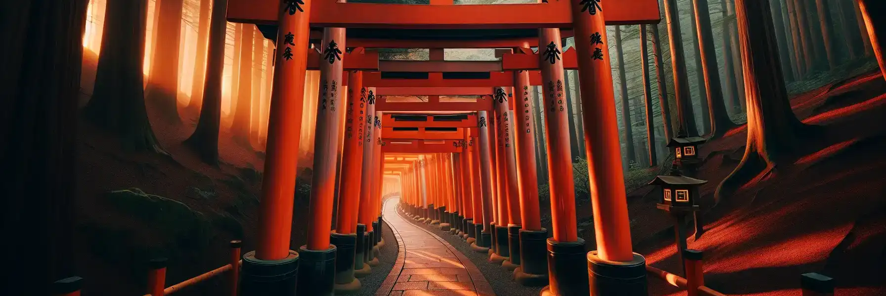 Thousands of vermilion torii gates forming a tunnel pathway ascending Mount Inari in the early morning light with mist rising from surrounding cedar forest