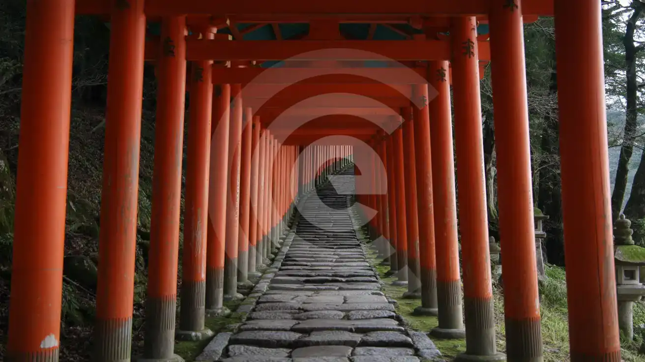 Tunnel of vermilion torii gates ascending stone steps through forested Mount Inari with morning light filtering through