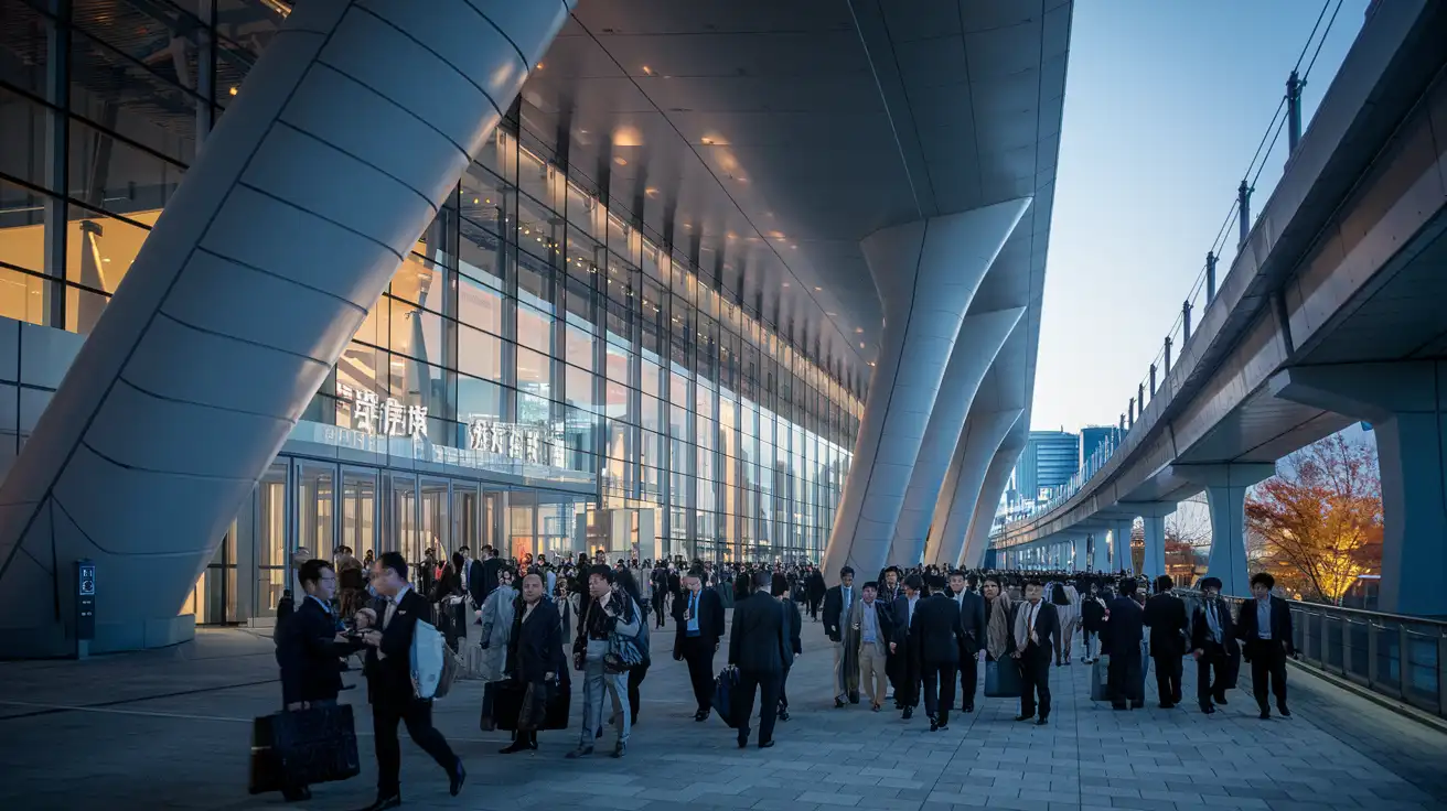 Business visitors leaving a major Tokyo waterfront trade fair at dusk