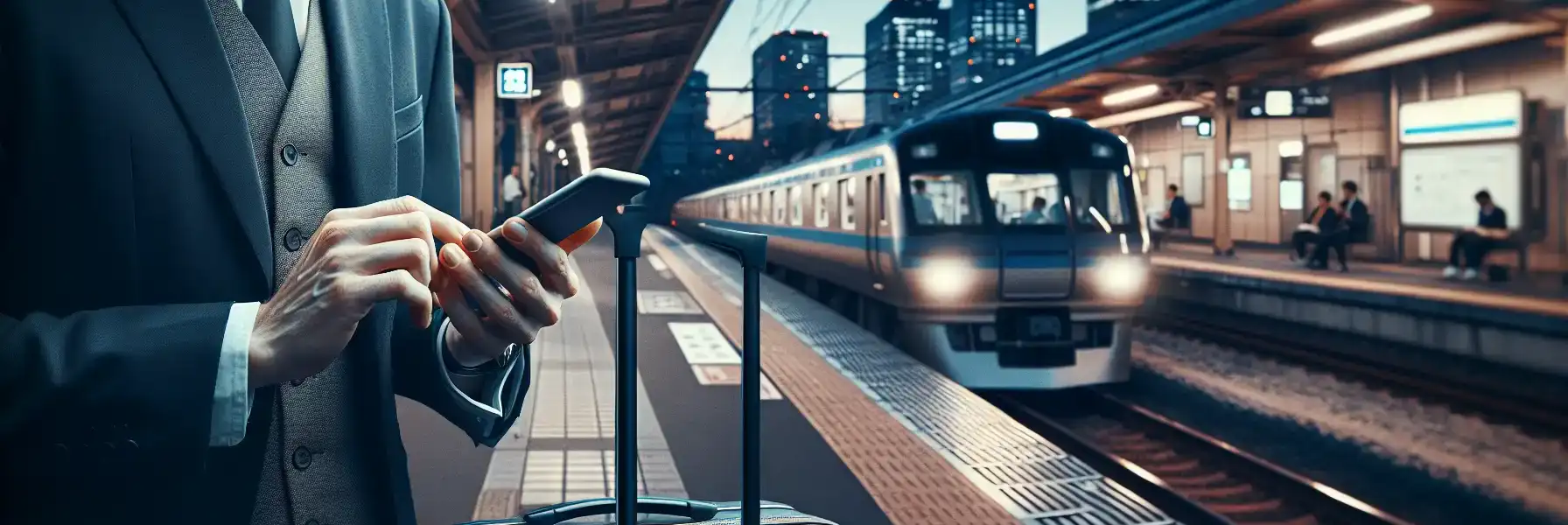 Podróżny sprawdzający połączenie z internetem mobilnym na peronie kolejowym w Japonii