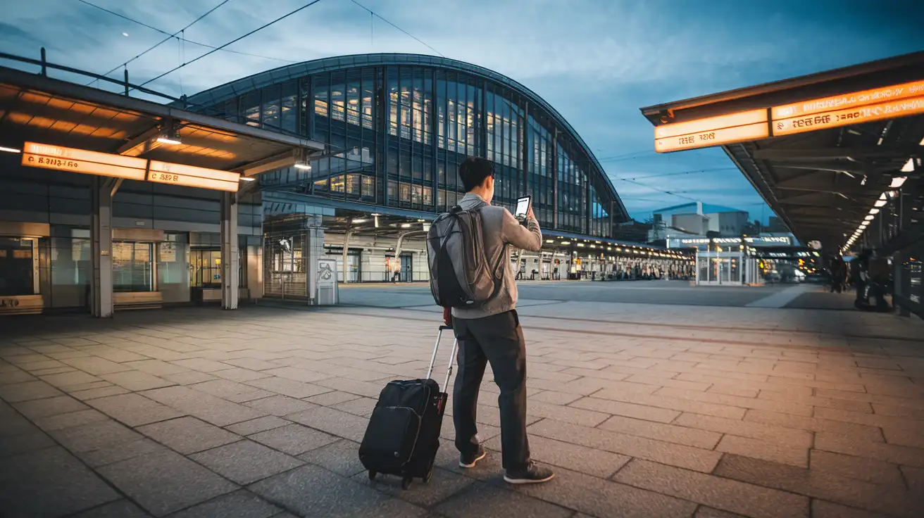 Podróżnik korzystający z danych mobilnych przed głównym dworcem kolejowym w Japonii