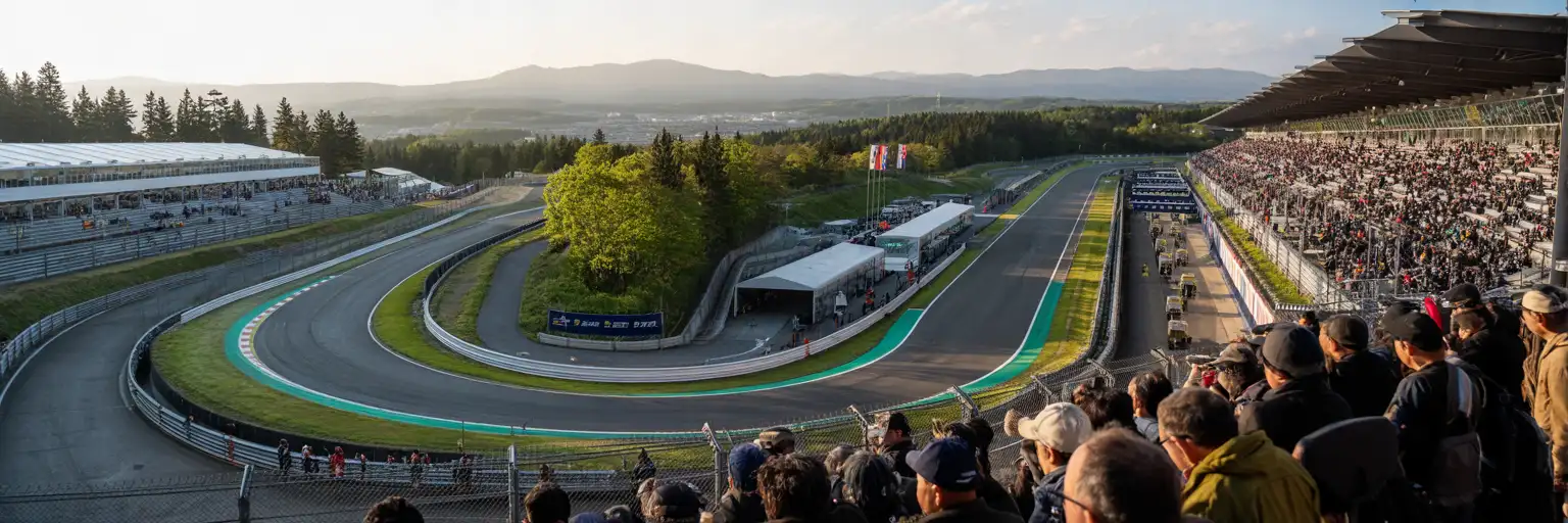 Foule sur un circuit de sport automobile japonais avec des virages serrés et des tribunes bondées pendant le week-end de course