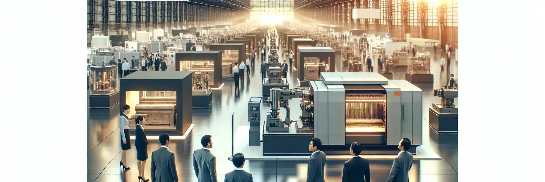 Business visitors at a major industrial trade fair in Tokyo examining advanced machinery