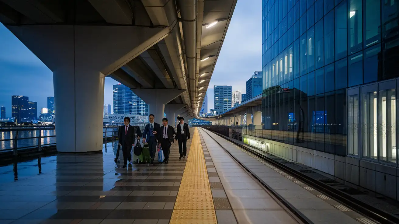 Business travelers leaving a Tokyo waterfront exhibition area after a trade fair