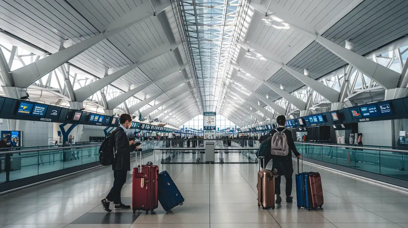 Călători pregătindu-se să se conecteze de la Aeroportul Internațional Kansai la Osaka cu trenul