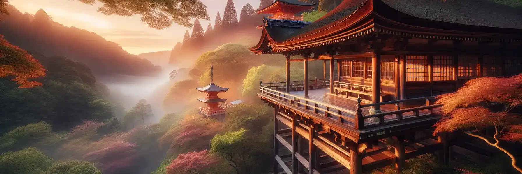 The wooden stage of Kiyomizu-dera temple extending over forested hillside at dawn with vermilion pagoda visible through morning mist