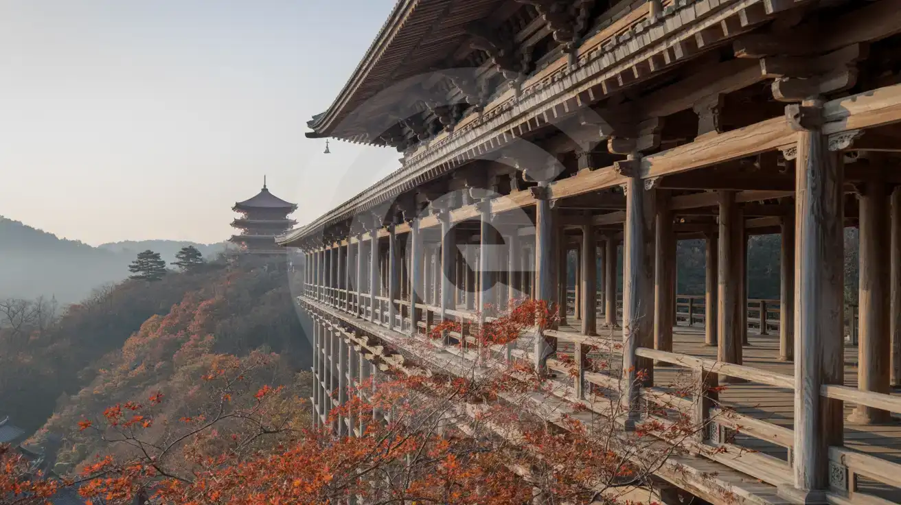 The famous wooden stage of a historic Japanese temple extending over autumn foliage with supporting pillars visible below