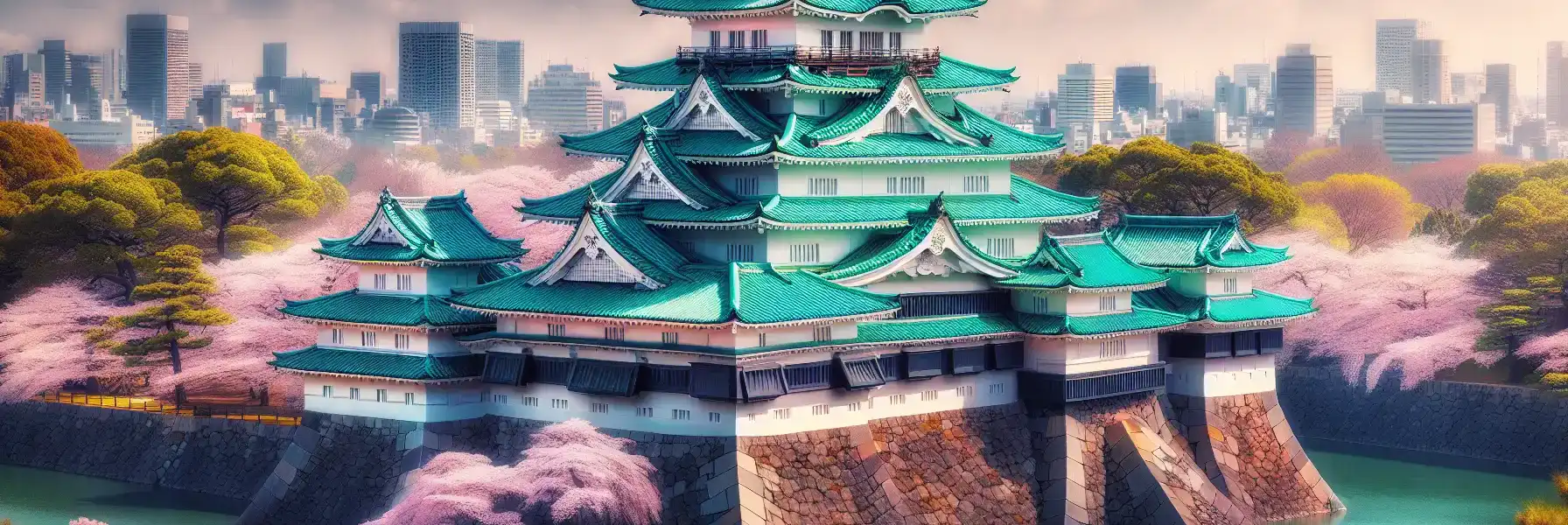 Osaka Castle's main tower with green roofs and golden ornaments rising above massive stone walls, reflected in the surrounding moat with cherry blossoms in bloom