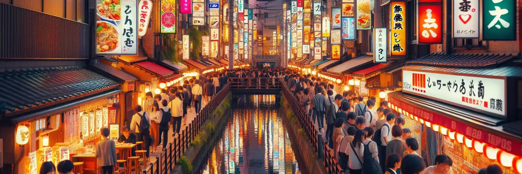 Travelers using phones near a lively canal-side nightlife area in Osaka at night