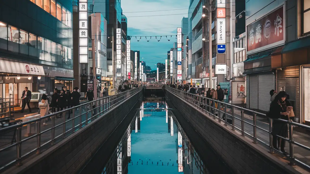 Busy evening street scene in Osaka where travelers use phones for directions