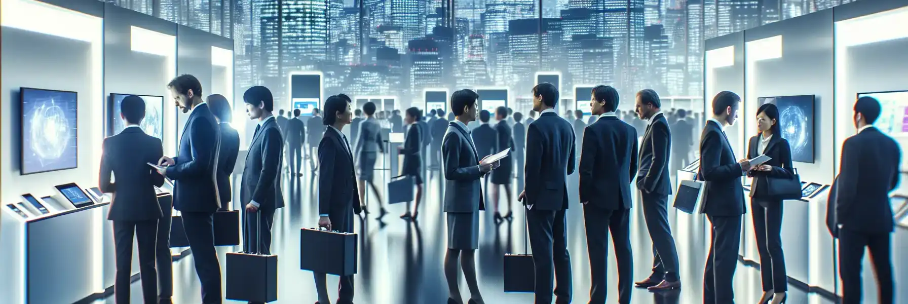 International business attendees walking through a large Tokyo technology trade fair hall