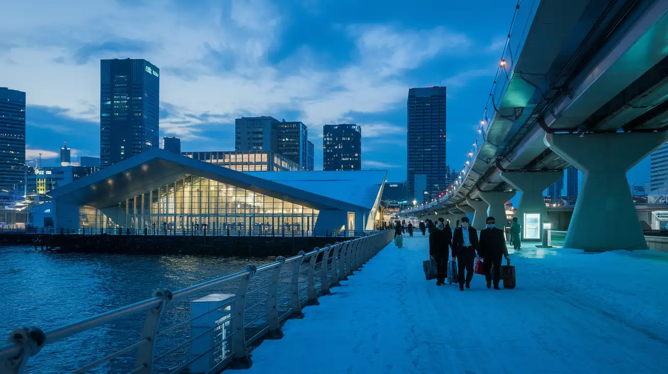Business travelers leaving a large Tokyo Bay exhibition venue at dusk