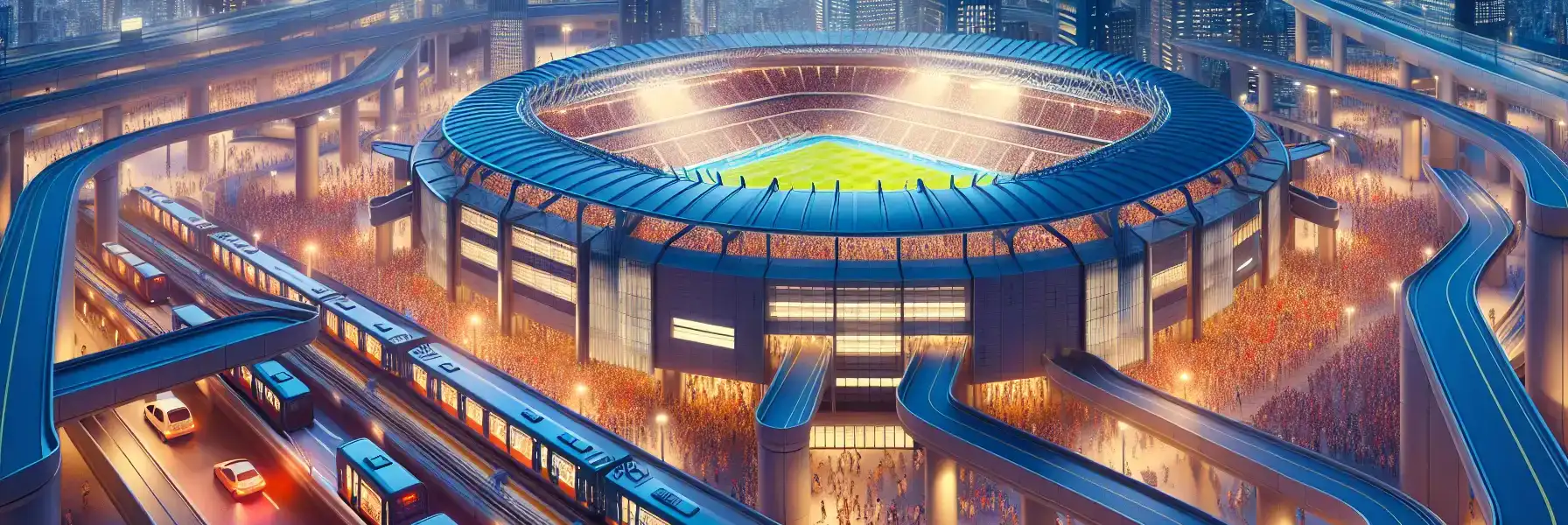 Crowds arriving for a major multi-sport event in Aichi-Nagoya with stadium lights and urban transit atmosphere