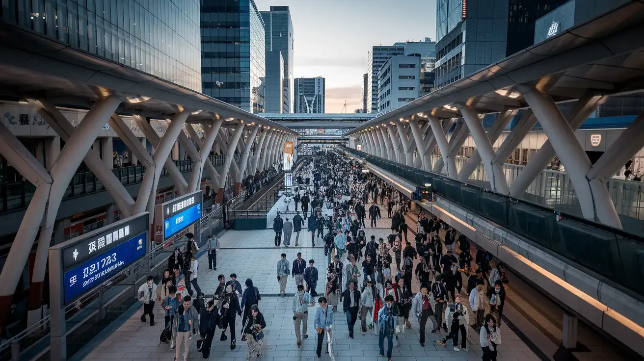 Spectators moving through a busy Nagoya transit area during a major sports event