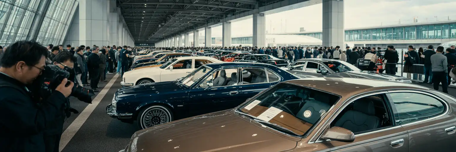 Crowded indoor custom car exhibition hall in the Tokyo bay area with modified vehicles and visitors