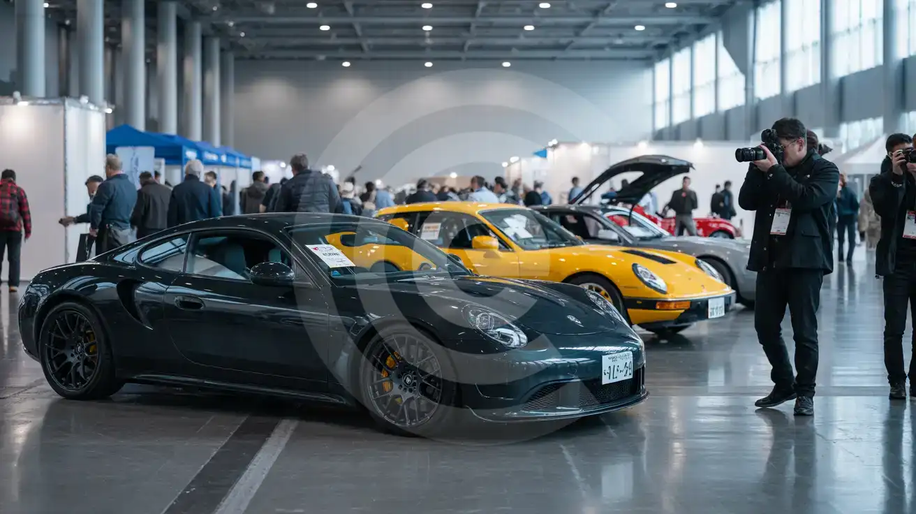 Busy automotive trade fair hall near Tokyo with custom cars and photographers
