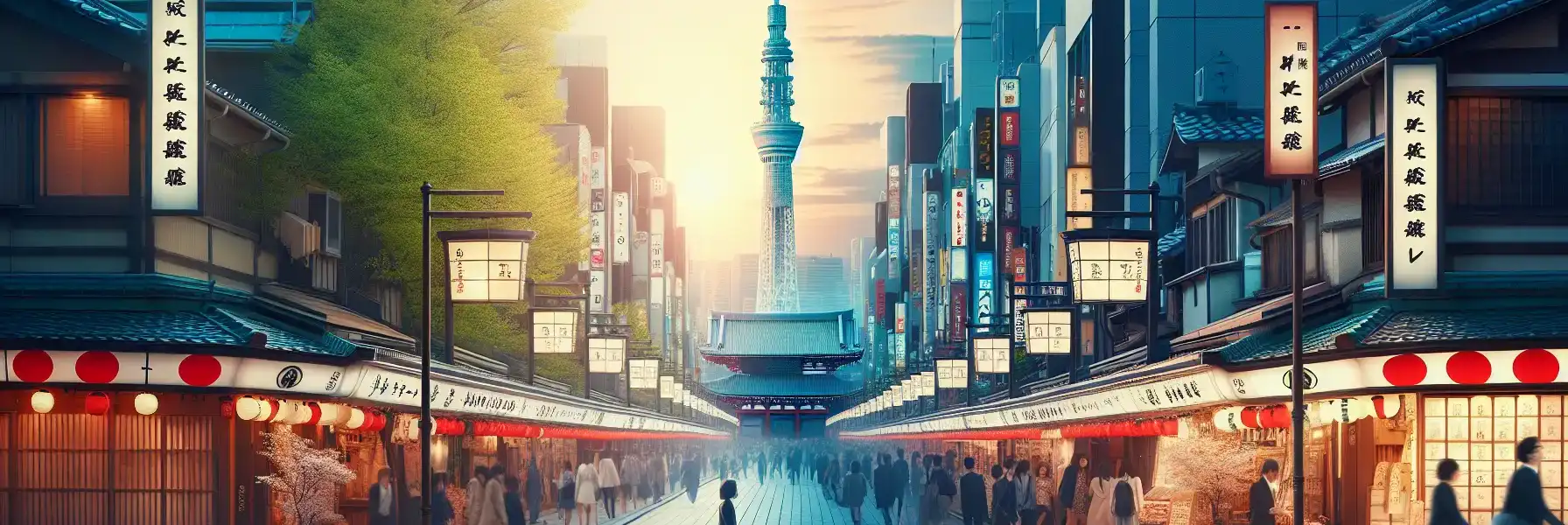 Scena z Tokio łącząca atmosferę historycznej świątyni, nowoczesną panoramę i ruchliwe ulice pełne pieszych