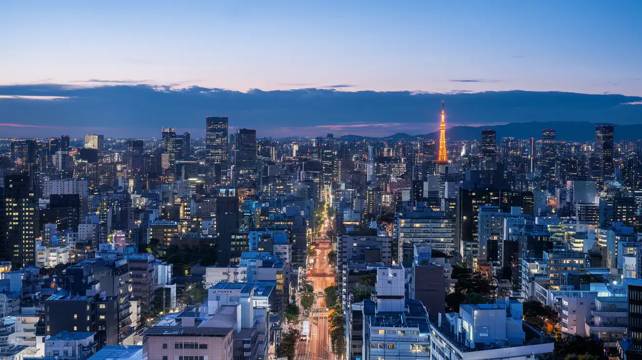 Panorama Tokio o zmierzchu z punktu widokowego
