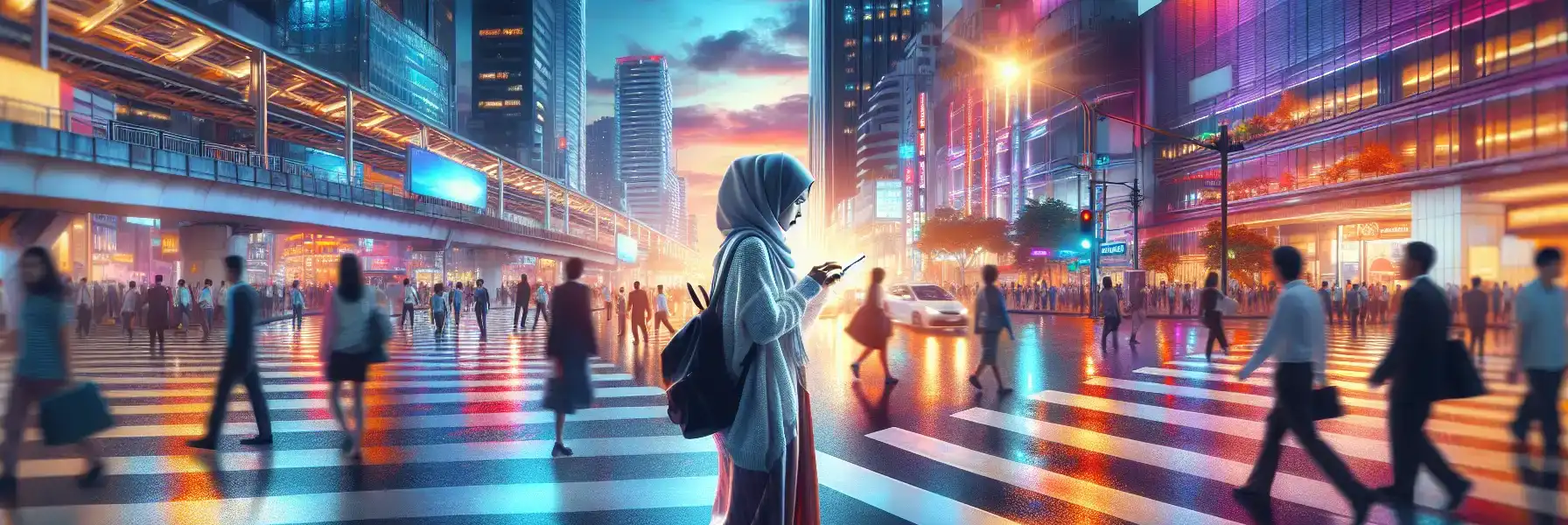 Traveler using a phone near a busy Tokyo crossing at dusk