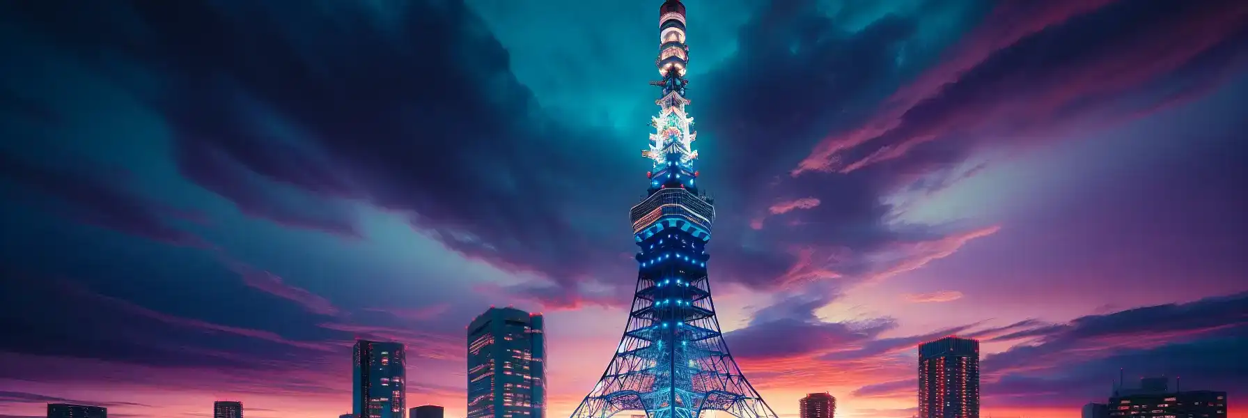 Tokyo Skytree illuminated at dusk with blue lighting reflected in the Sumida River and traditional Tokyo neighborhood buildings in the foreground