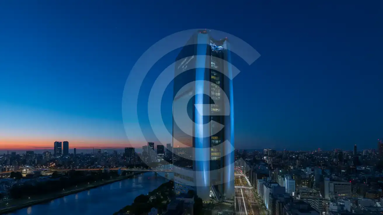 Tokyo Skytree illuminated in blue at twilight with the Sumida River and city lights visible below