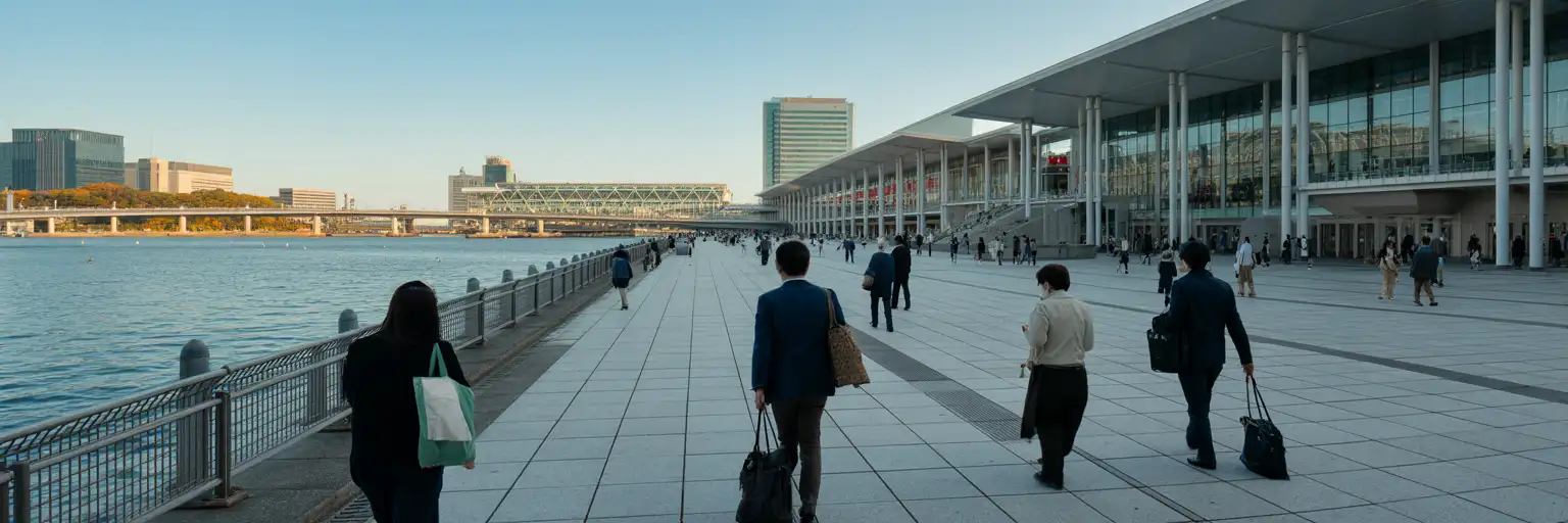 Geschäftsreisende gehen durch eine große Ausstellungshalle in Tokyo Bay während einer Reisemesse
