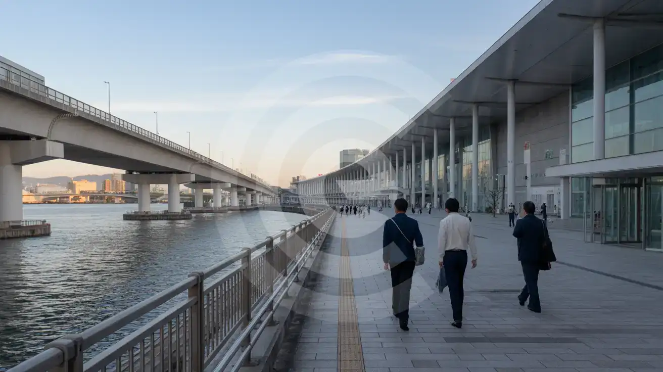 Tokyo Bay Kongressviertel in der Abenddämmerung mit Hochbahn und Geschäftsreisenden