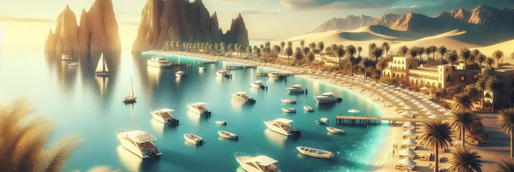 View of Cabo San Lucas marina and coastline with beaches, boats, and rocky arch formations