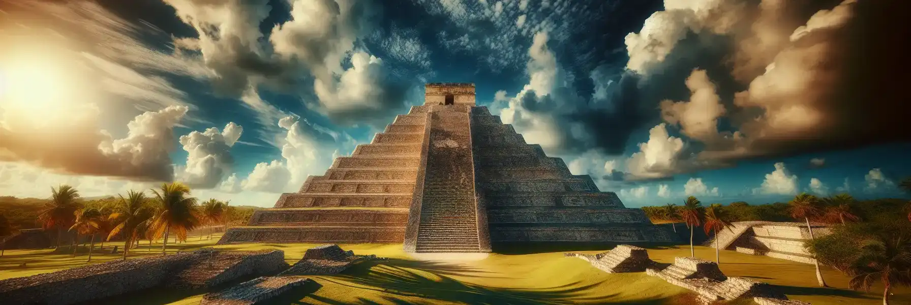 The Temple of Kukulcán step pyramid at Chichén Itzá bathed in golden morning light with clear blue skies