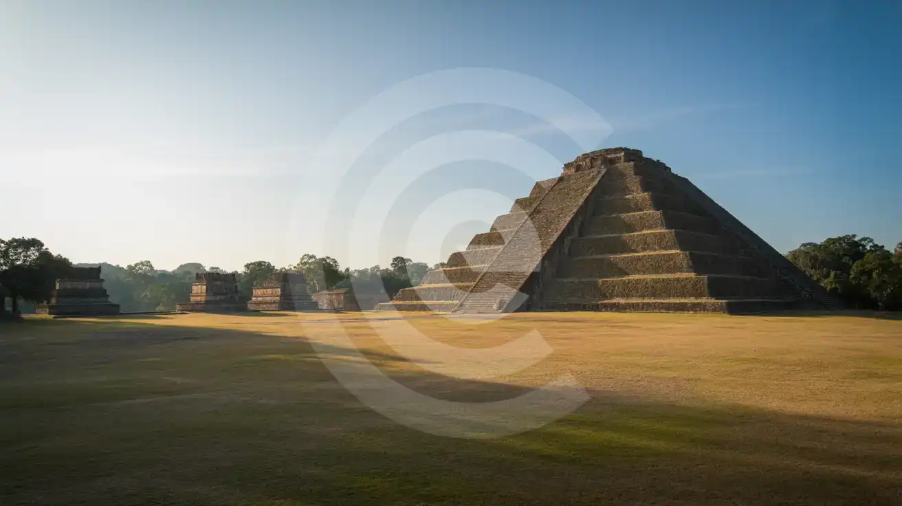Ancient Mesoamerican step pyramid illuminated by golden morning light with long shadows across the plaza