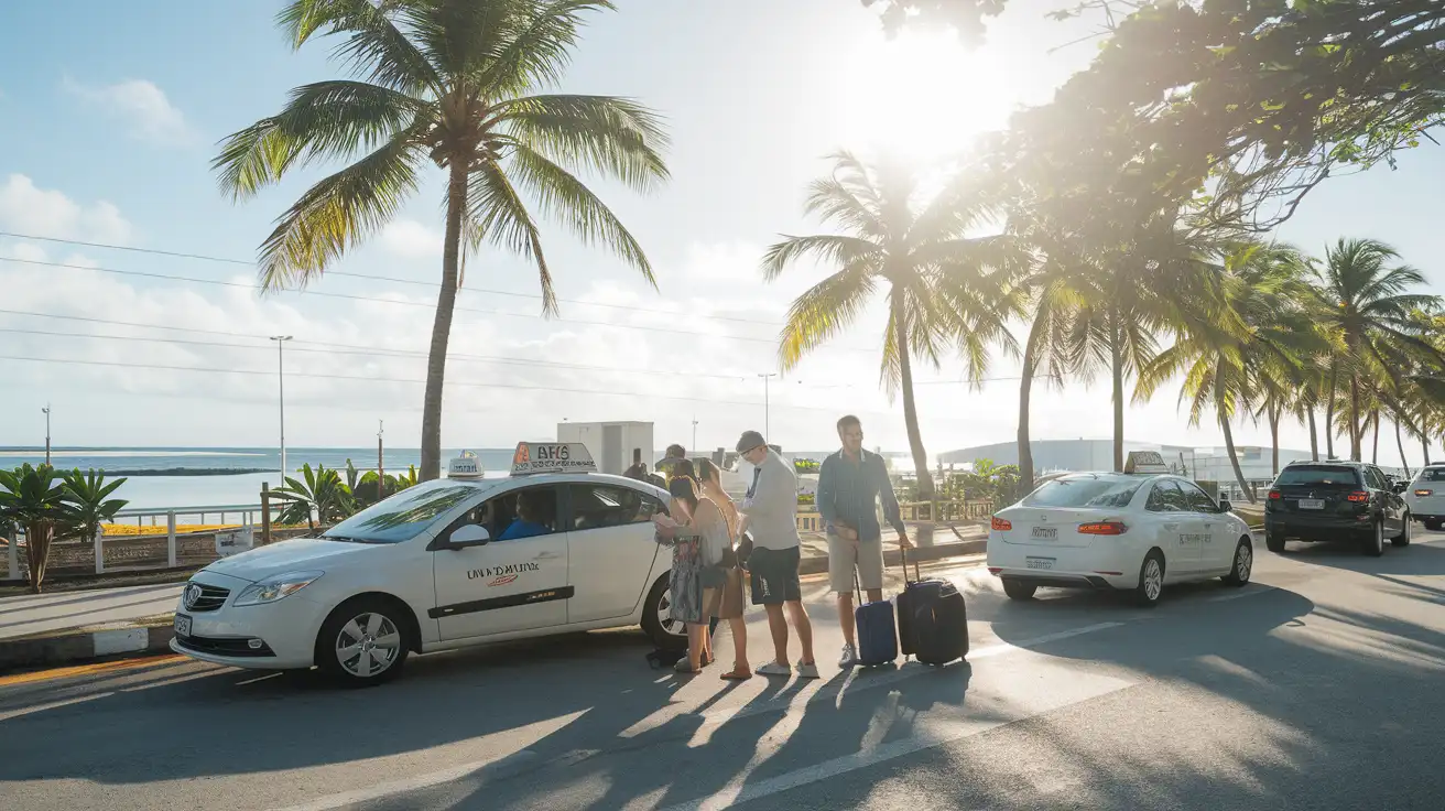 Travelers checking their phones outside Cozumel airport before heading into town