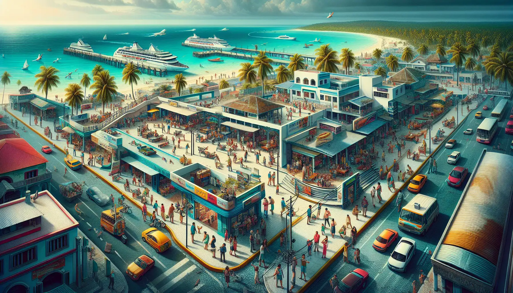Traveler moving from Cozumel airport toward the ferry and Playa del Carmen with phone in hand
