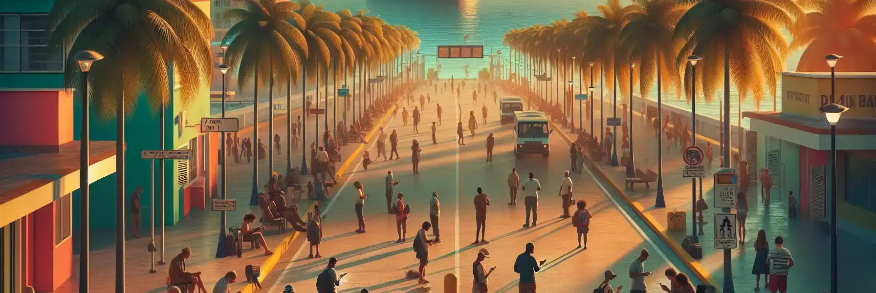 Travelers near Cozumel waterfront checking phones with ferry area and palm-lined street in view