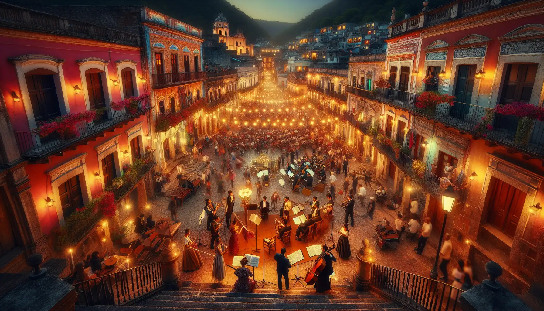 Evening arts festival atmosphere in Guanajuato with historic buildings, crowds, and an outdoor performance